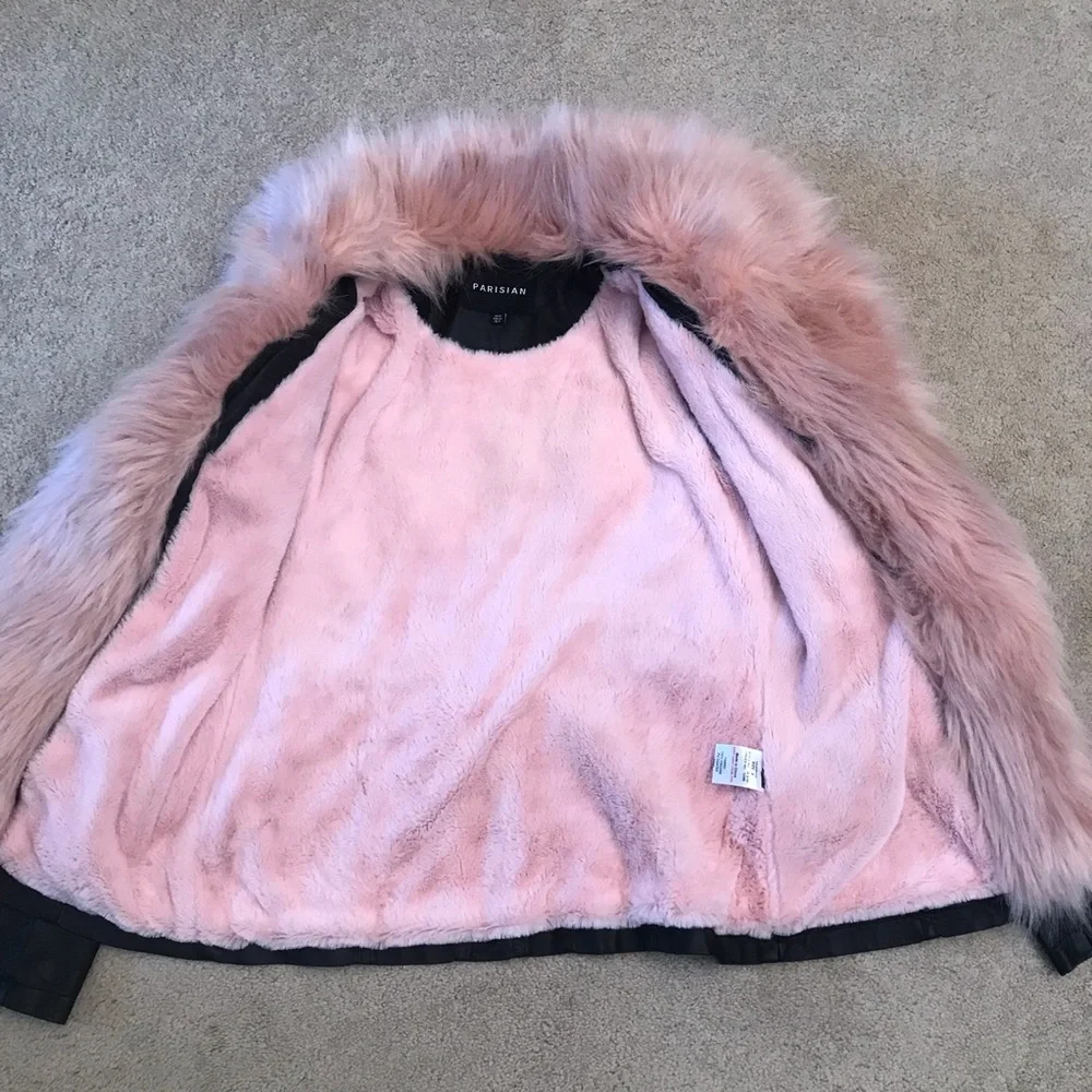 Black Faux Leather Jacket Pink Faux Fur Collar Womens Small US 4 Crop Moto Rebel - Picture 5 of 16